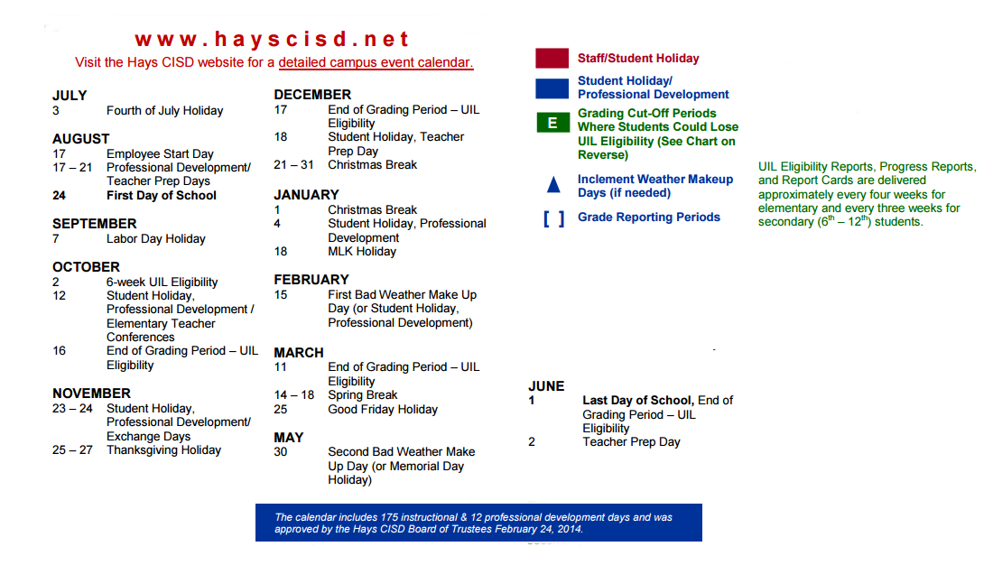 District School Academic Calendar Key for Hays Co Juvenile Justice Alt Ed Pr