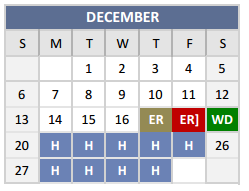 District School Academic Calendar for P A S S Learning Ctr for December 2015