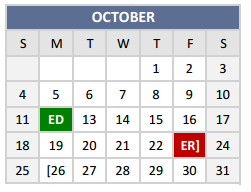 District School Academic Calendar for P A S S Learning Ctr for October 2015
