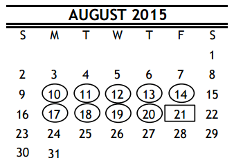 District School Academic Calendar for Pin Oak Middle School for August 2015