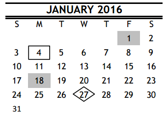 District School Academic Calendar for Memorial Elementary for January 2016