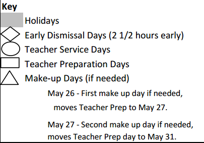 District School Academic Calendar Legend for Roosevelt Elementary