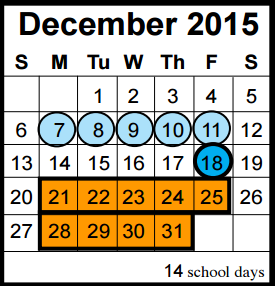 District School Academic Calendar for Timbers Elementary for December 2015