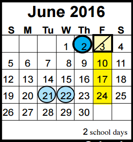 District School Academic Calendar for Shadow Forest Elementary for June 2016