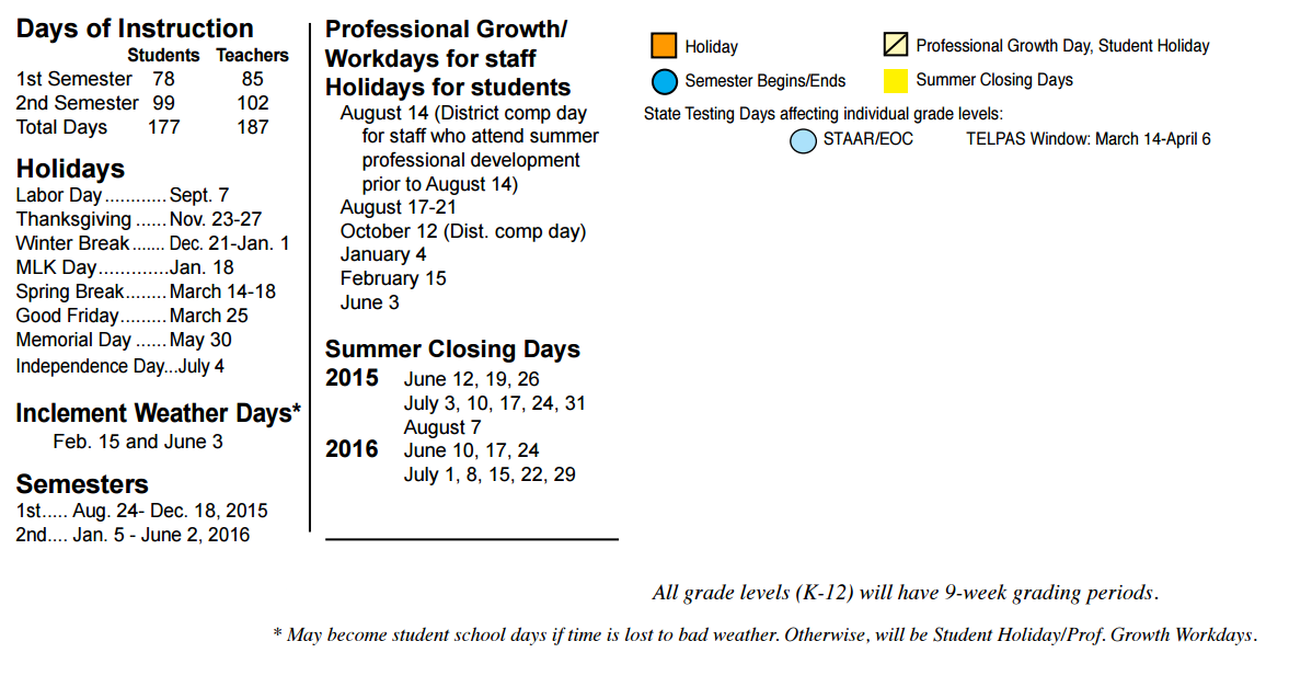 District School Academic Calendar Key for Early Learning Wing