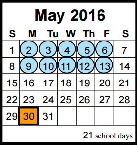 District School Academic Calendar for Timberwood Middle for May 2016