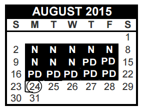 District School Academic Calendar for Transition Program for August 2015
