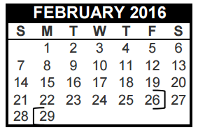 District School Academic Calendar for Transition Program for February 2016