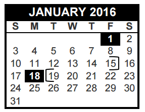 District School Academic Calendar for Transition Program for January 2016