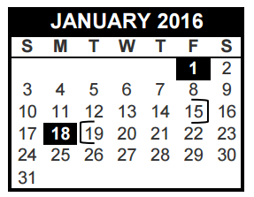 District School Academic Calendar for Harwood J H for January 2016