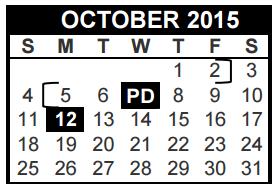 District School Academic Calendar for North Euless Elementary for October 2015