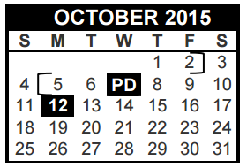 District School Academic Calendar for Transition Program for October 2015