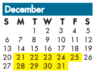 District School Academic Calendar for Union Bower Center For Learning for December 2015