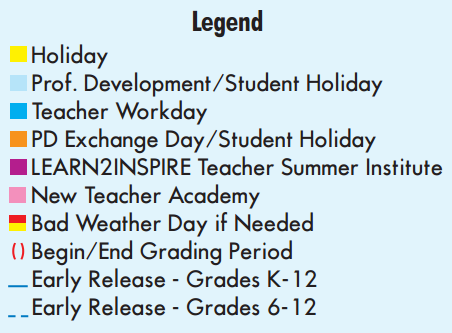 District School Academic Calendar Legend for Gilbert F M Elementary