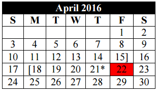 District School Academic Calendar for Thompson Ctr for April 2016