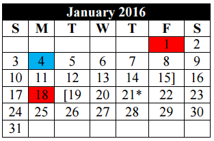 District School Academic Calendar for Mary Lou Hartman for January 2016