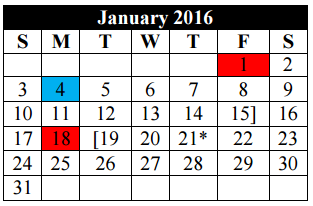 District School Academic Calendar for Coronado Village Elementary for January 2016