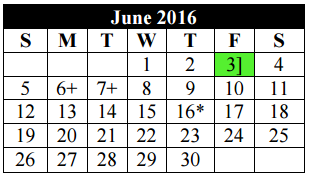 District School Academic Calendar for Woodlake Elementary for June 2016