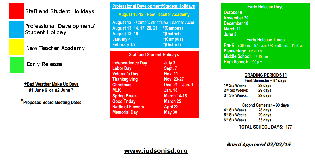 District School Academic Calendar Key for Judson Learning Acad