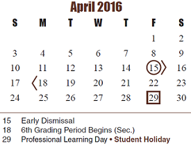District School Academic Calendar for Cimarron Elementary for April 2016