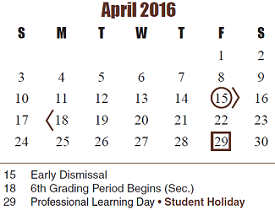 District School Academic Calendar for Roberta Wright Rylander Elementary for April 2016