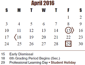 District School Academic Calendar for Diane Winborn Elementary for April 2016