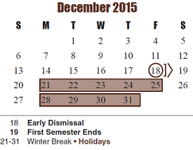 District School Academic Calendar for Memorial Parkway Junior High for December 2015