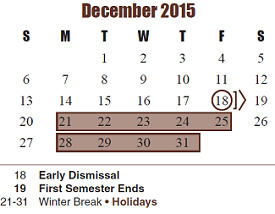 District School Academic Calendar for Bear Creek Elementary for December 2015