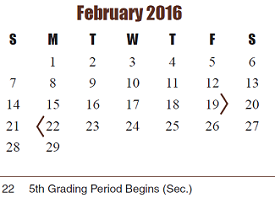 District School Academic Calendar for Memorial Parkway Elementary for February 2016