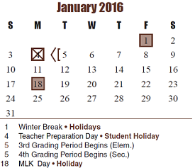District School Academic Calendar for Sue Creech Elementary for January 2016