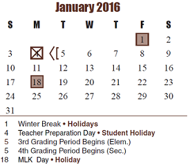 District School Academic Calendar for Arthur Miller Career Center for January 2016