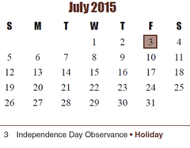 District School Academic Calendar for Project Tyke for July 2015