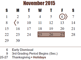 District School Academic Calendar for Loraine T Golbow Elementary for November 2015