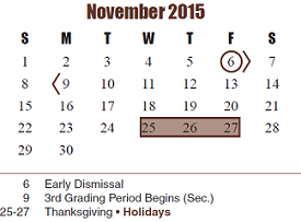 District School Academic Calendar for Memorial Parkway Elementary for November 2015