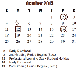 District School Academic Calendar for Franz Elementary for October 2015
