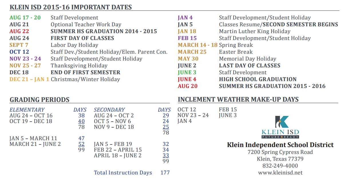 District School Academic Calendar Key for Klein Sems