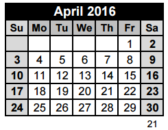 District School Academic Calendar for Travis Co J J A E P for April 2016