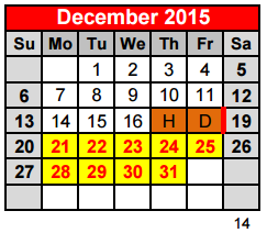 District School Academic Calendar for Serene Hills Elementary for December 2015