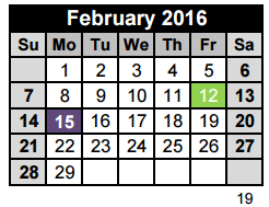 District School Academic Calendar for Travis Co J J A E P for February 2016