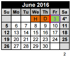District School Academic Calendar for Hudson Bend Middle for June 2016