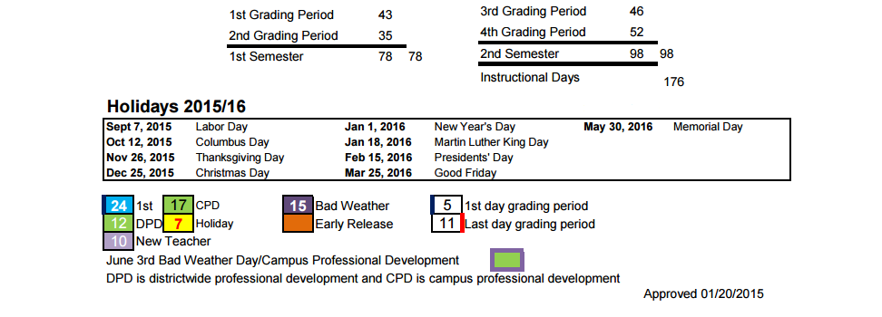 District School Academic Calendar Key for Hudson Bend Middle