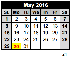 District School Academic Calendar for Travis Co J J A E P for May 2016