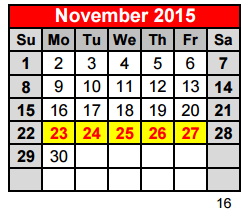 District School Academic Calendar for Hudson Bend Middle for November 2015