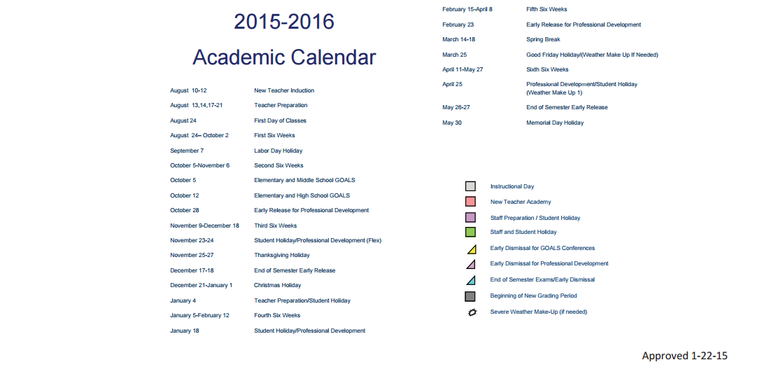 District School Academic Calendar Key for Project Intercept School