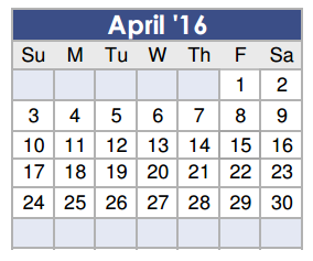 District School Academic Calendar for Willie E Williams Elementary for April 2016