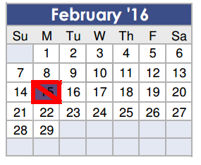 District School Academic Calendar for J L Lyon Elementary for February 2016