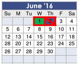 District School Academic Calendar for J L Lyon Elementary for June 2016