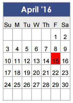 District School Academic Calendar for Tarver-rendon Elementary for April 2016