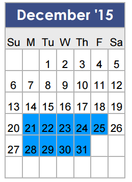 District School Academic Calendar for T A Howard Middle for December 2015