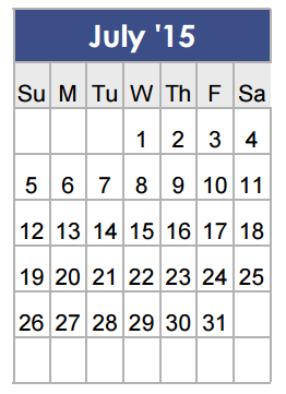 District School Academic Calendar for Elizabeth Smith Elementary for July 2015